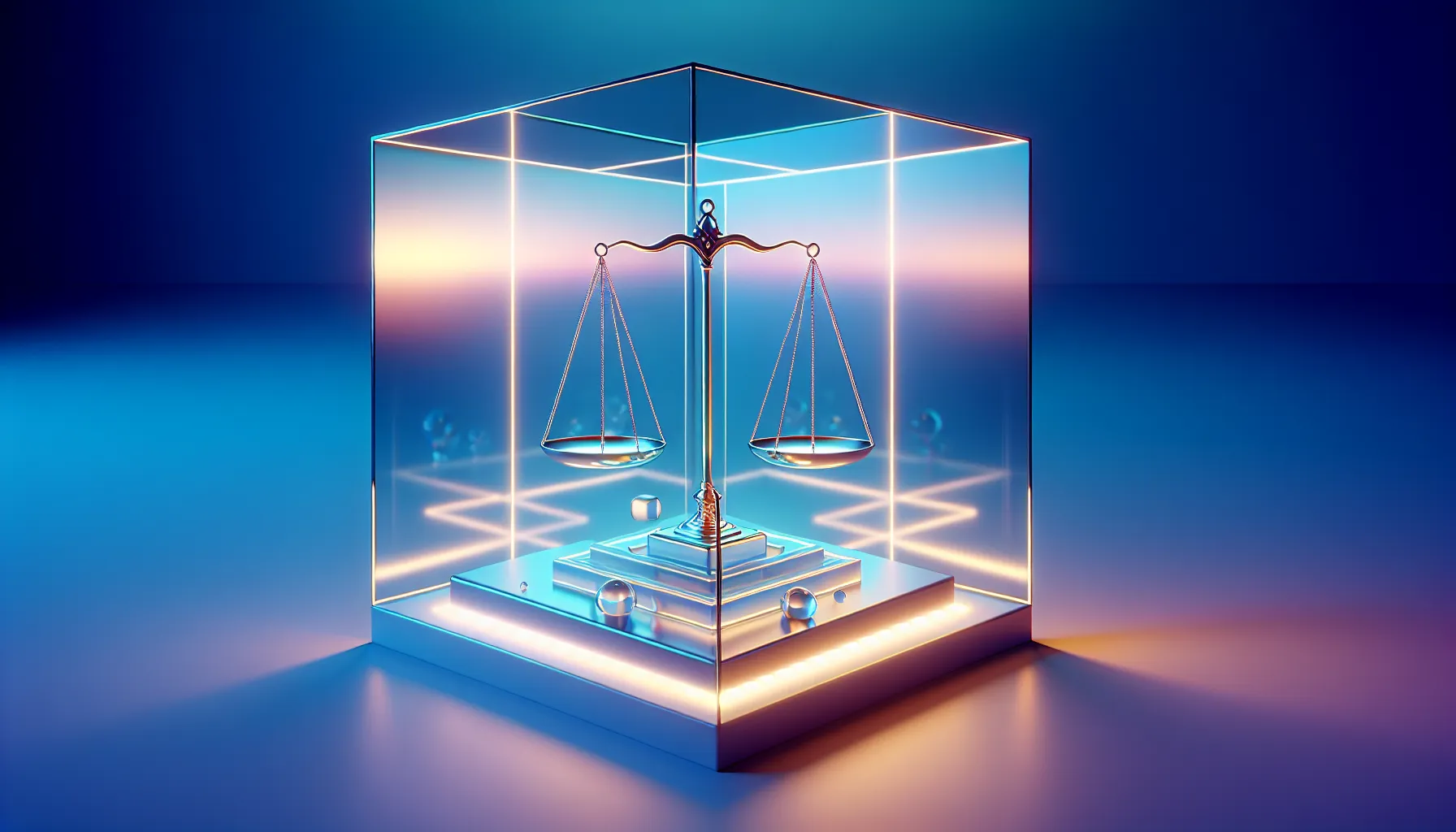 Crystal and gold balanced scale in glassmorphism style, blue-purple gradient lighting, zen garden backdrop.