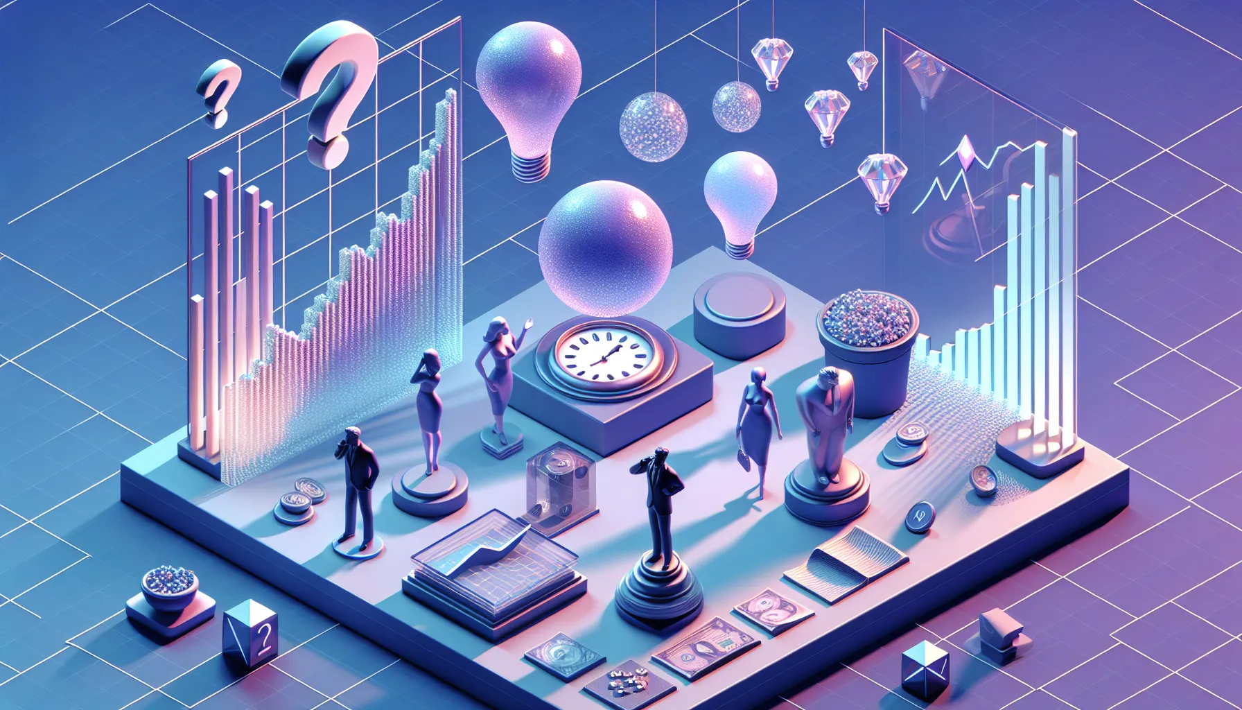 Clock with stopped hands, frustrated investors tapping watches, frozen market graph, blue-purple gradient, floating question marks.